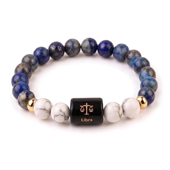 Libra Zodiac Bracelet (तुला राशि) – Certified Lapis Lazuli & Howlite Healing Crystal