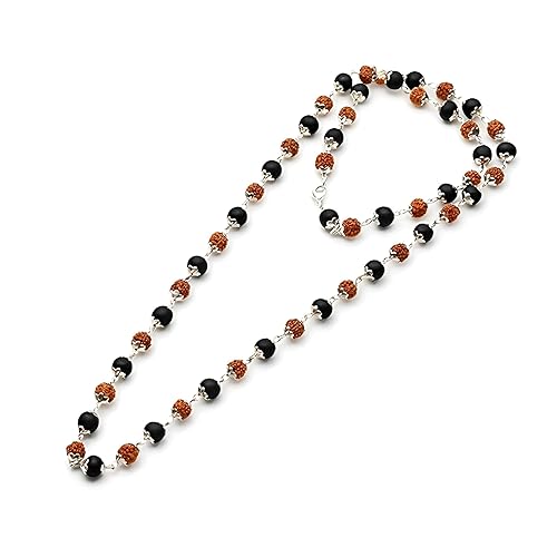 Rudraksha and Black Bead Spiritual Mala with Silver-Tone Caps