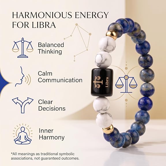 Libra Zodiac Bracelet (तुला राशि) – Certified Lapis Lazuli & Howlite Healing Crystal