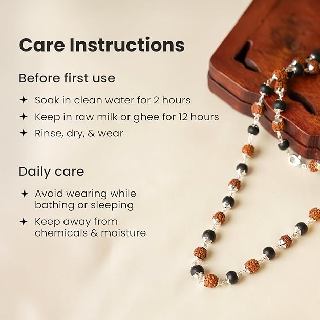 Rudraksha and Black Bead Spiritual Mala with Silver-Tone Caps