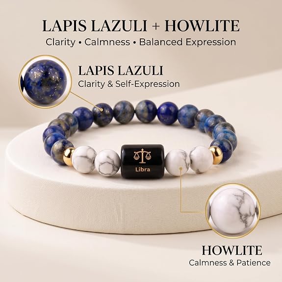 Libra Zodiac Bracelet (तुला राशि) – Certified Lapis Lazuli & Howlite Healing Crystal