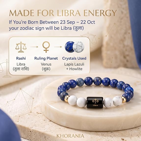Libra Zodiac Bracelet (तुला राशि) – Certified Lapis Lazuli & Howlite Healing Crystal