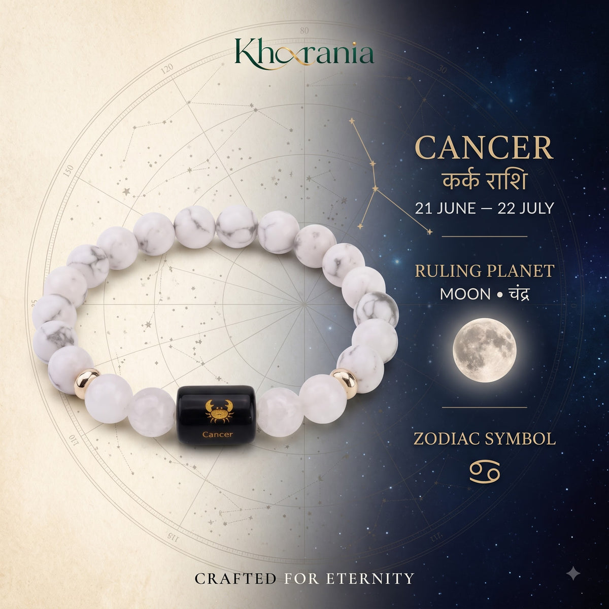 Cancer Zodiac Bracelet (कर्क राशि) – Howlite & Milky Quartz Healing Crystal