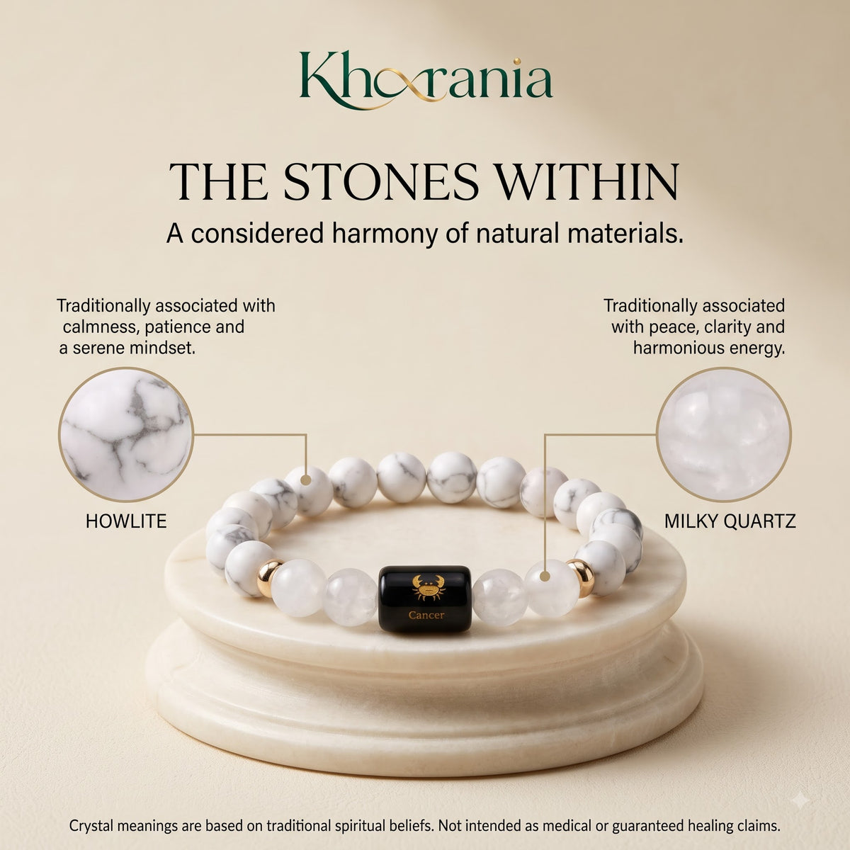 Cancer Zodiac Bracelet (कर्क राशि) – Howlite & Milky Quartz Healing Crystal