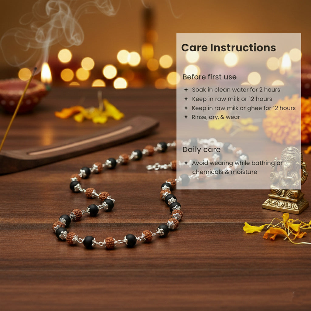 Rudraksha and Black Bead Spiritual Mala with Silver-Tone Caps
