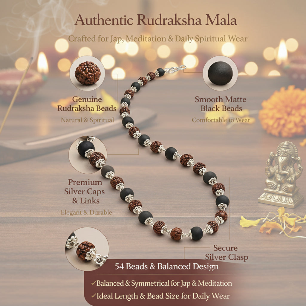 Rudraksha and Black Bead Spiritual Mala with Silver-Tone Caps