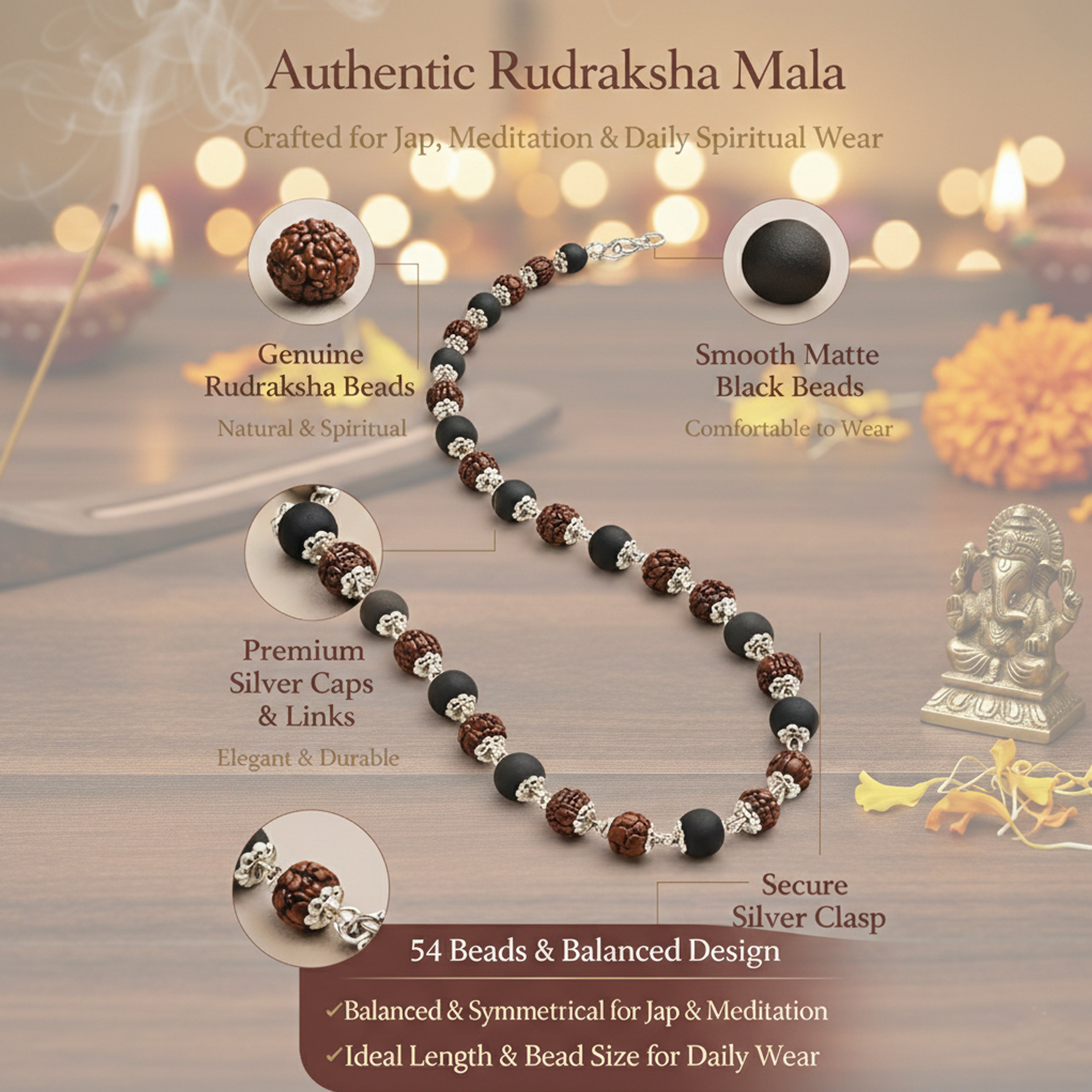 Rudraksha and Black Bead Spiritual Mala with Silver-Tone Caps