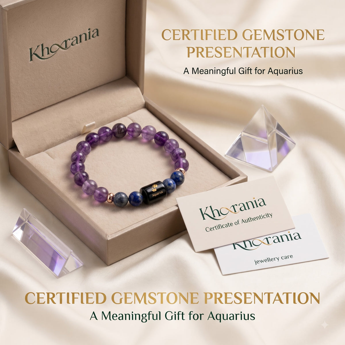 Aquarius Zodiac Bracelet (कुंभ राशि) – Certified Amethyst & Lapis Lazuli Healing Crystal