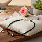 Black Tourmaline Beaded Anklet with Evil Eye Charm and Adjustable Silver-Tone Chain
