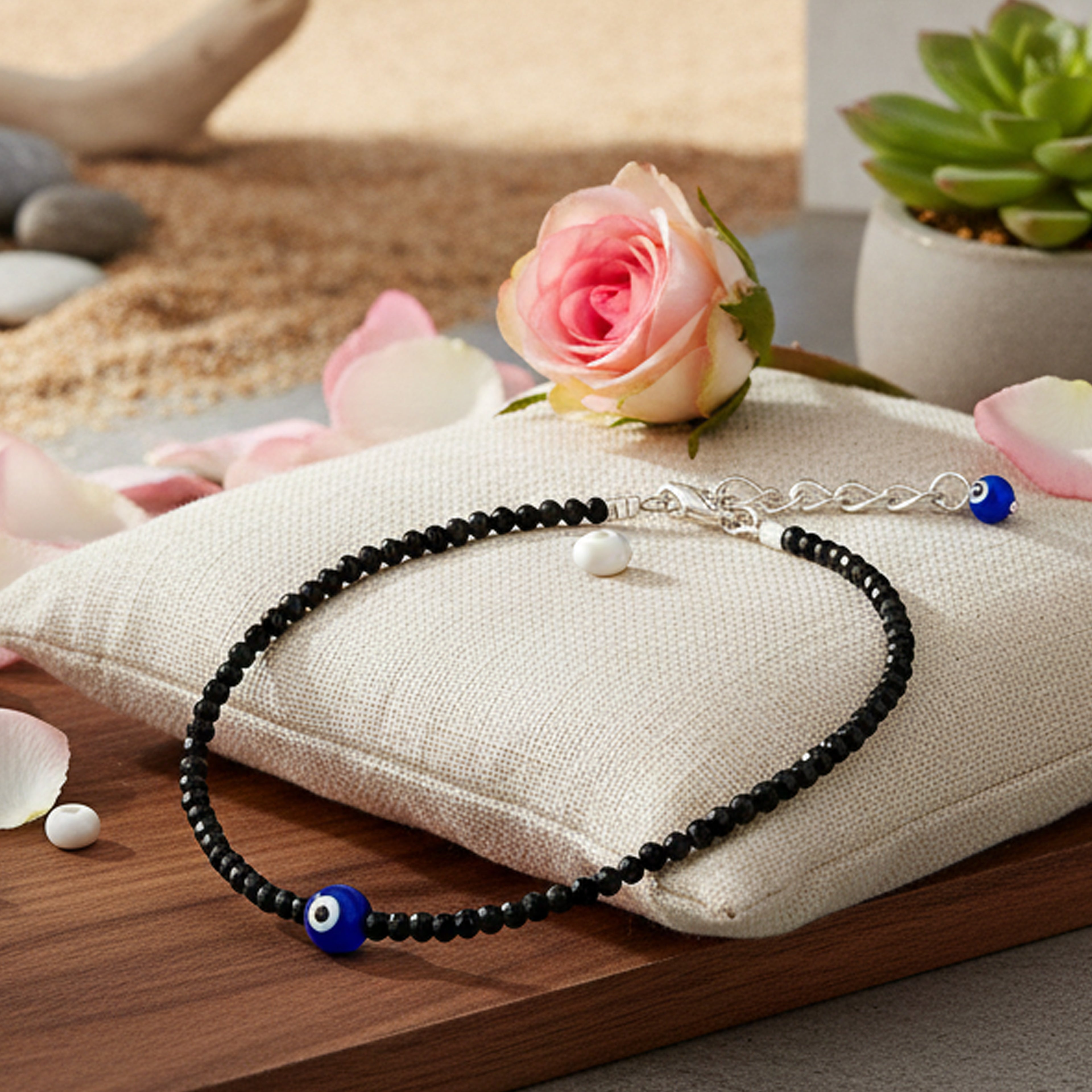 Black Tourmaline Beaded Anklet with Evil Eye Charm and Adjustable Silver-Tone Chain