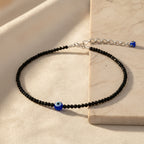 Black Tourmaline Beaded Anklet with Evil Eye Charm and Adjustable Silver-Tone Chain