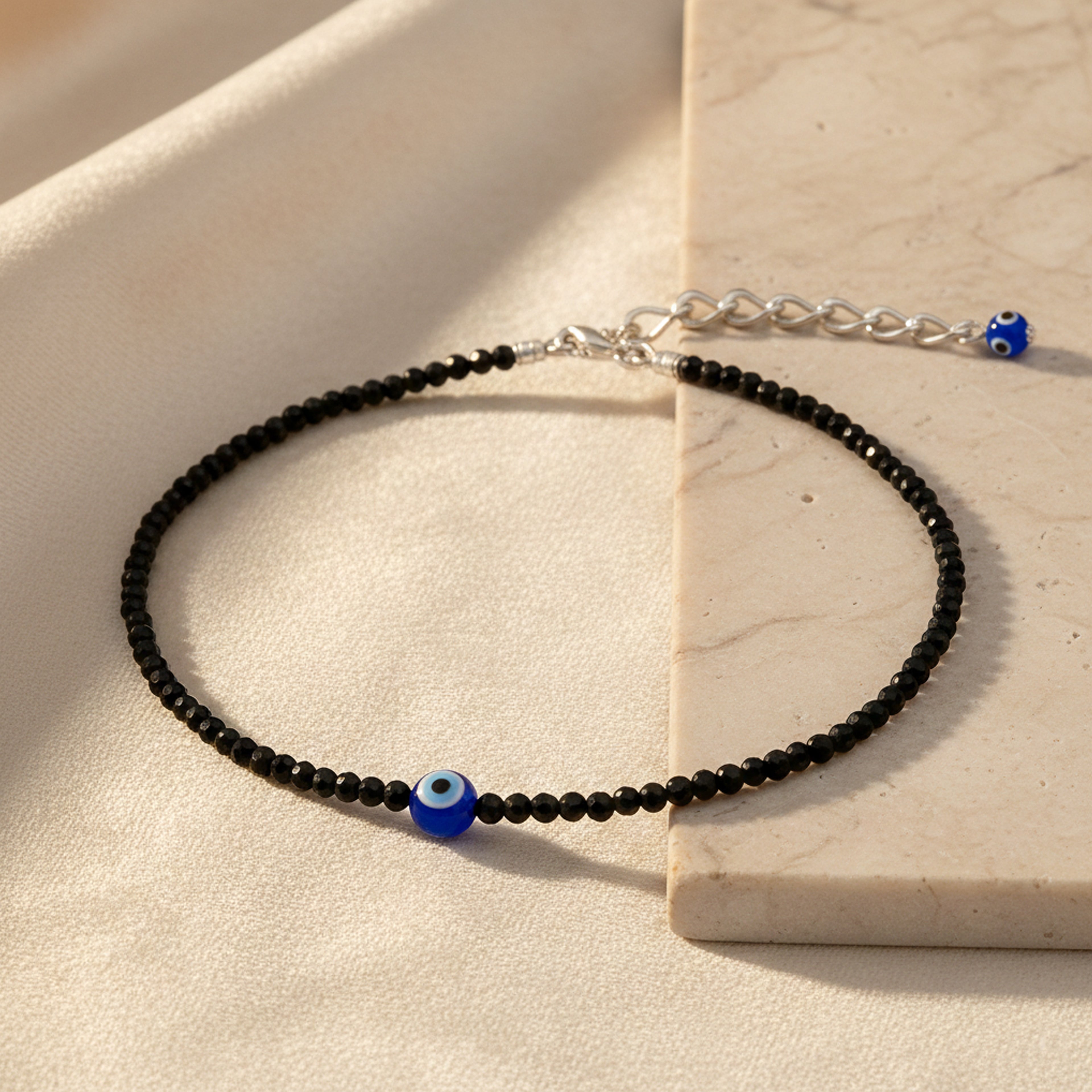 Black Tourmaline Beaded Anklet with Evil Eye Charm and Adjustable Silver-Tone Chain