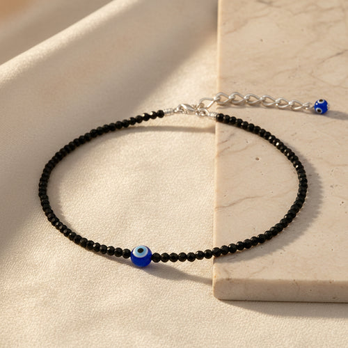 Black Tourmaline Beaded Anklet with Evil Eye Charm and Adjustable Silver-Tone Chain