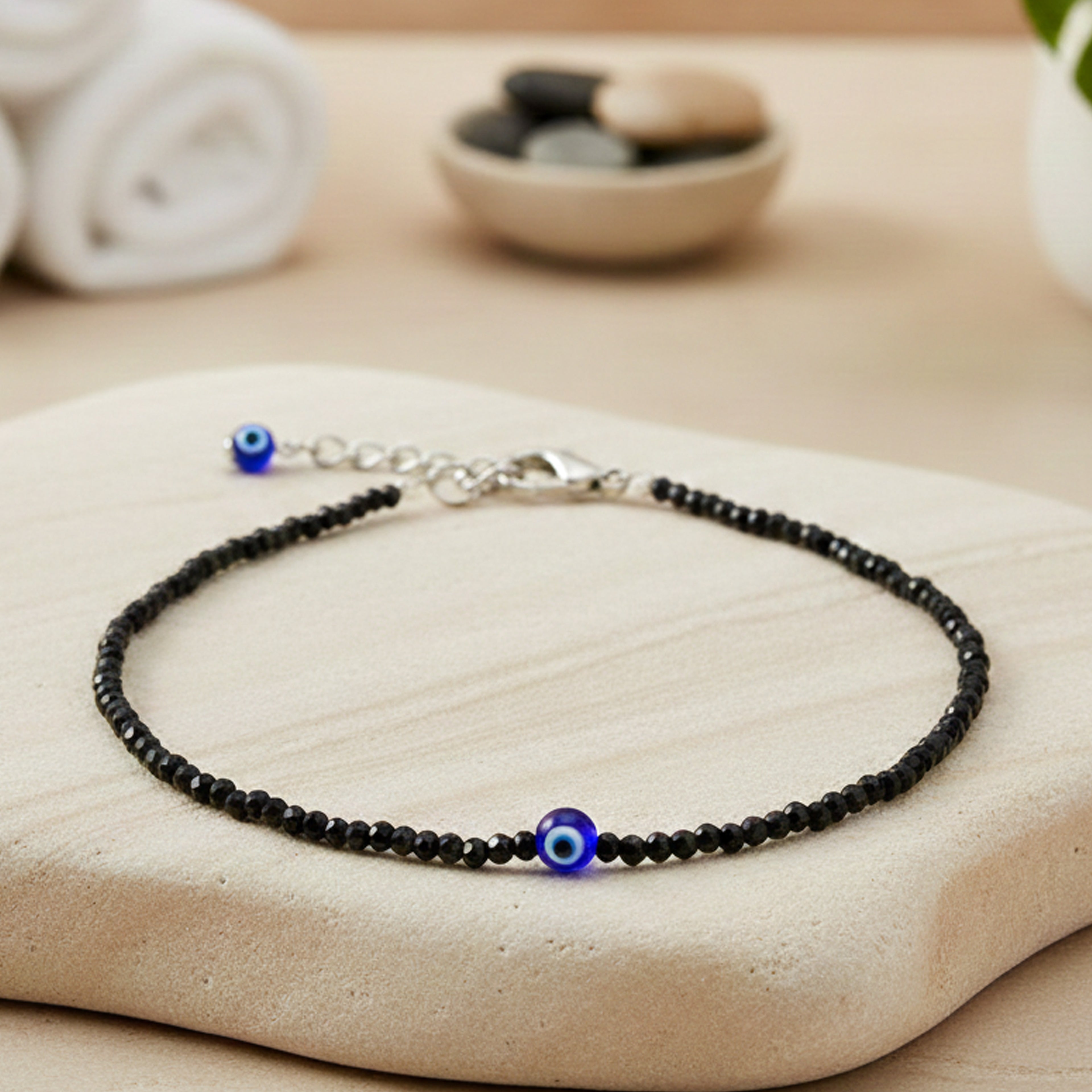 Black Tourmaline Beaded Anklet with Evil Eye Charm and Adjustable Silver-Tone Chain