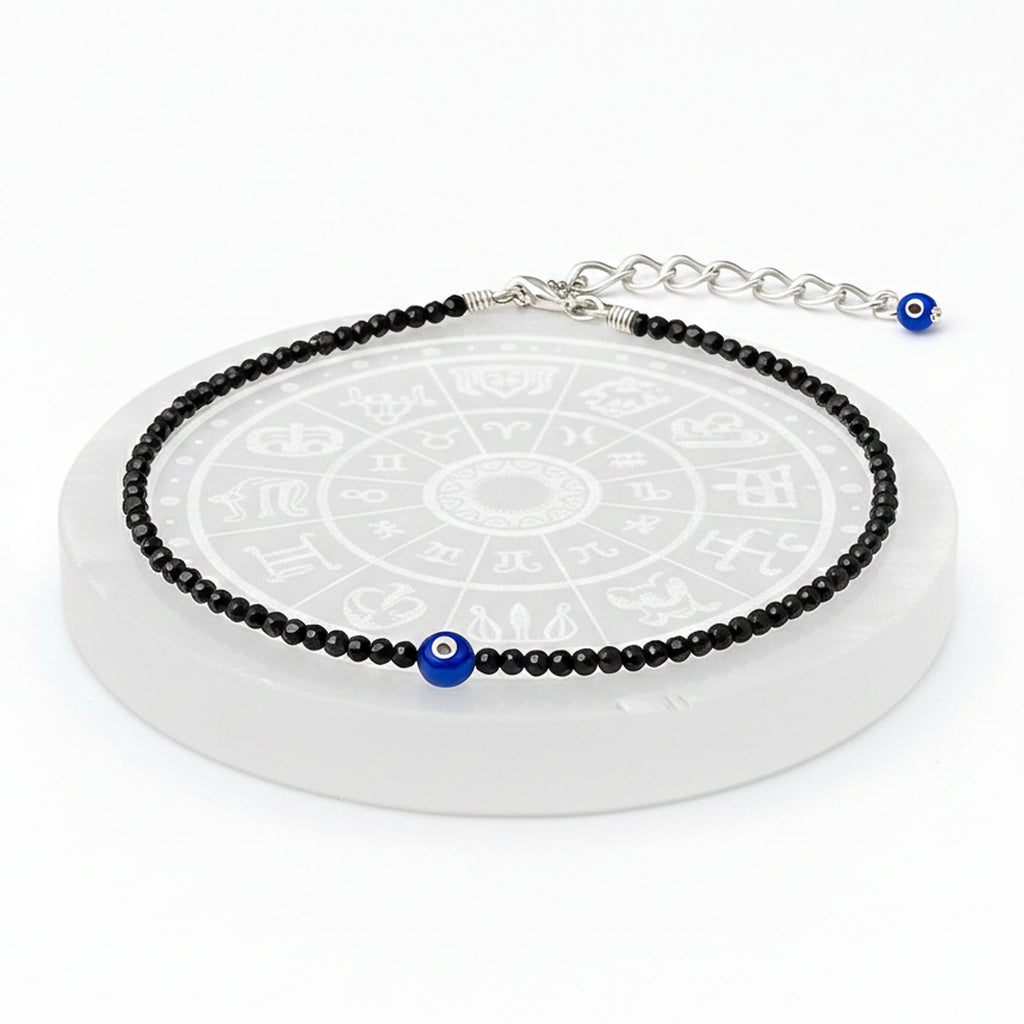 Black Tourmaline Beaded Anklet with Evil Eye Charm and Adjustable Silver-Tone Chain