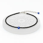 Black Tourmaline Beaded Anklet with Evil Eye Charm and Adjustable Silver-Tone Chain