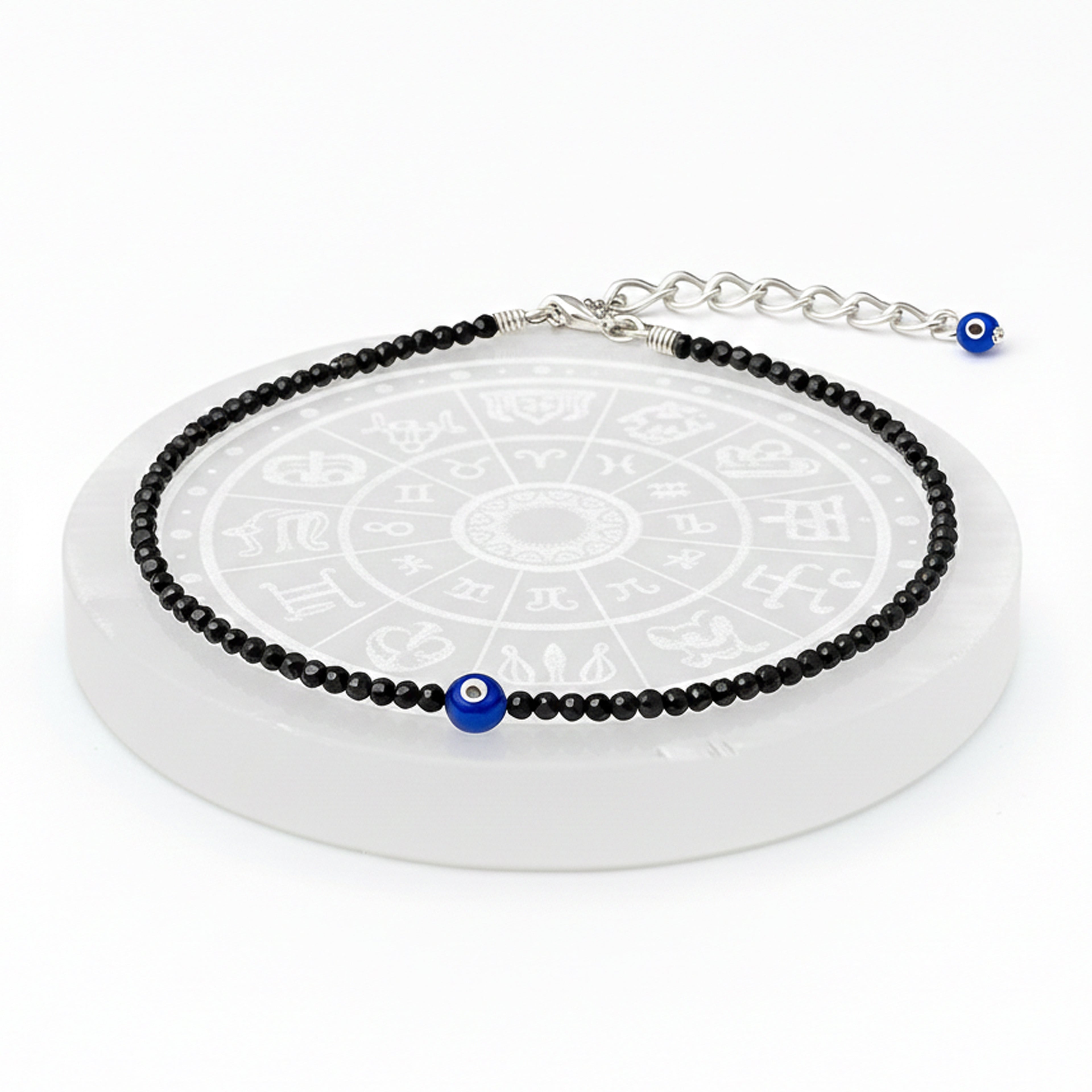 Black Tourmaline Beaded Anklet with Evil Eye Charm and Adjustable Silver-Tone Chain