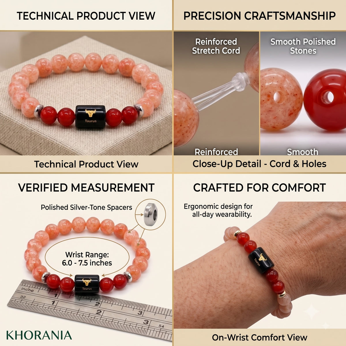 Taurus Zodiac Bracelet (वृषभ राशि) – Sunstone & Carnelian Healing Crystal