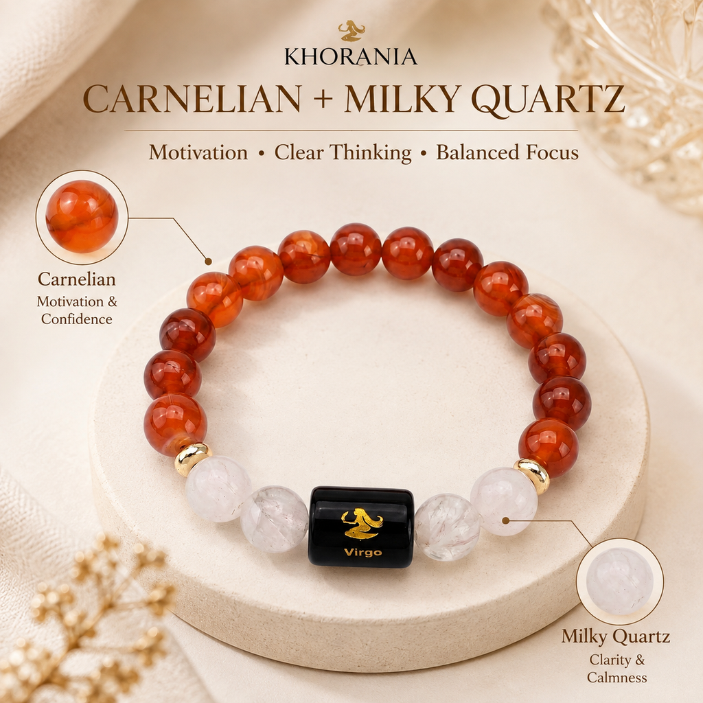 Virgo Zodiac Bracelet (कन्या राशि) – Certified Carnelian & Milky Quartz Healing Crystal