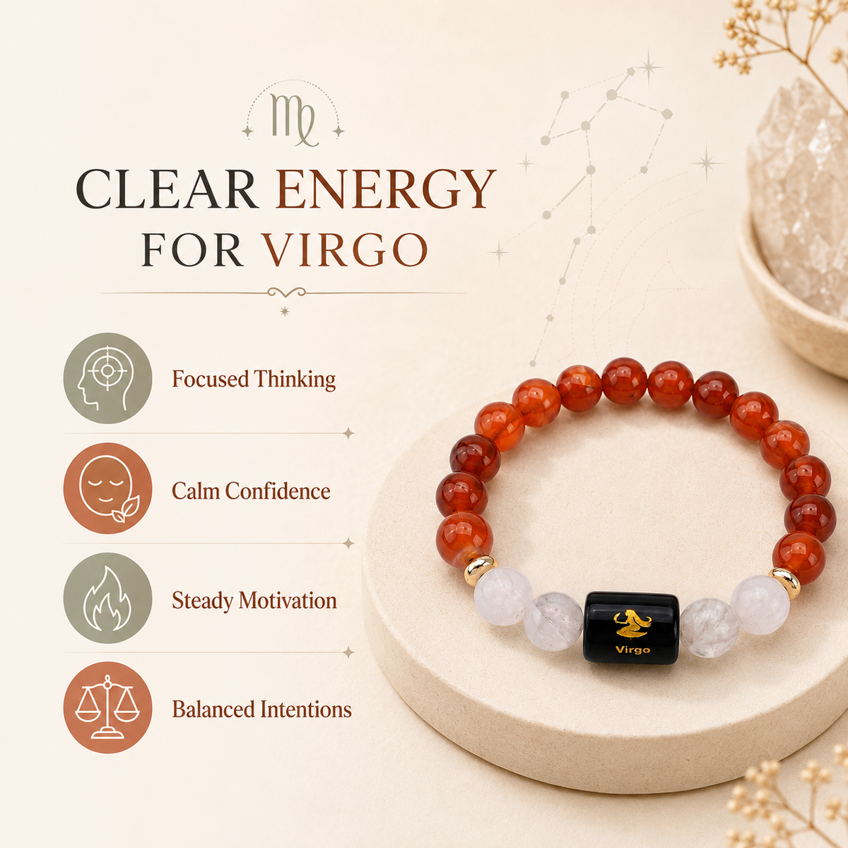 Virgo Zodiac Bracelet (कन्या राशि) – Certified Carnelian & Milky Quartz Healing Crystal