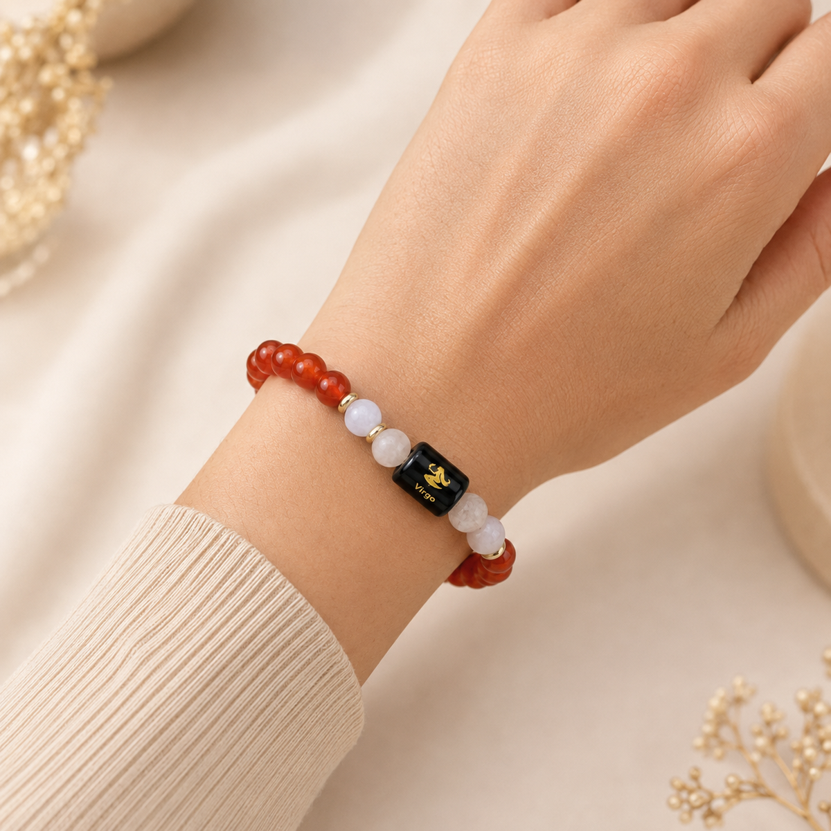 Virgo Zodiac Bracelet (कन्या राशि) – Certified Carnelian & Milky Quartz Healing Crystal