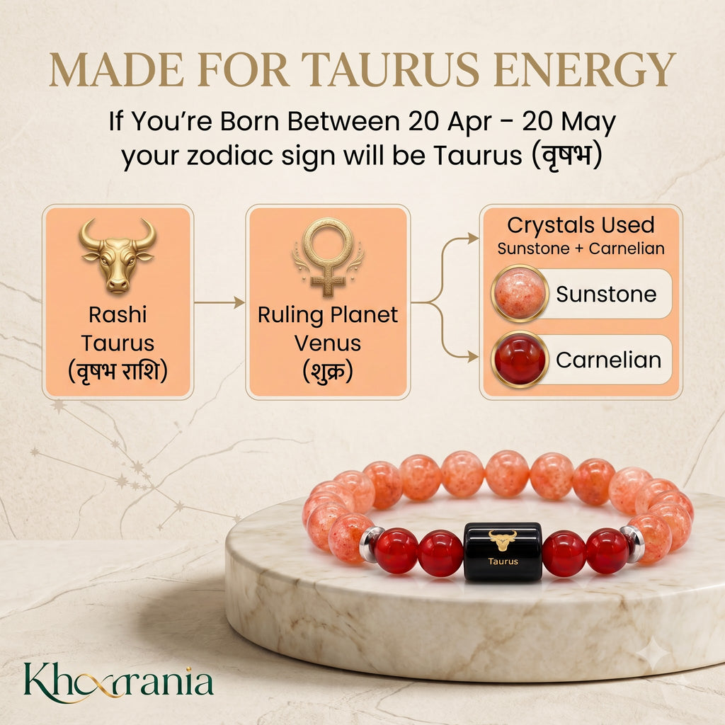 Taurus Zodiac Bracelet (वृषभ राशि) – Sunstone & Carnelian Healing Crystal