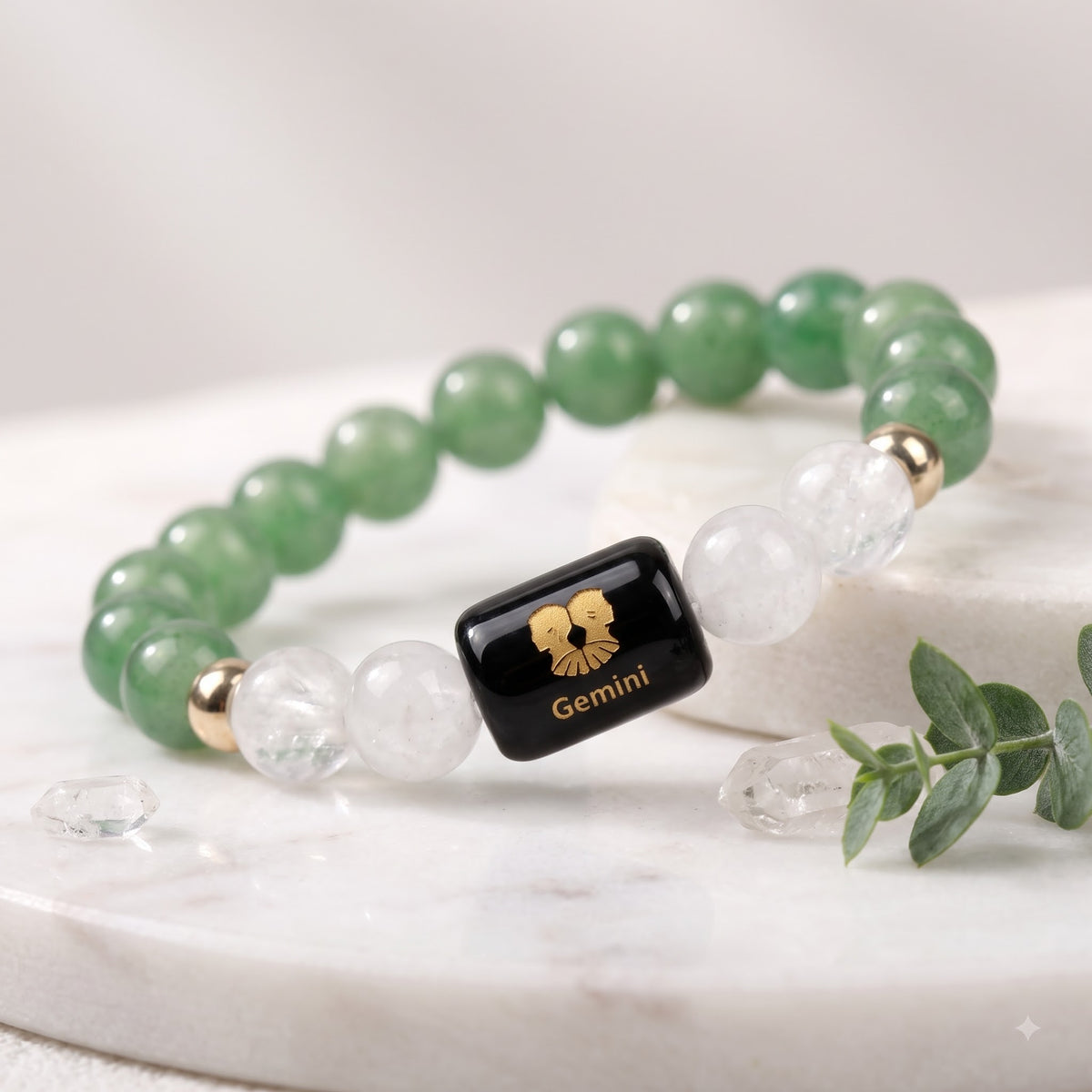 Gemini Zodiac Bracelet (मिथुन राशि) – Green Aventurine & Milky Quartz Healing Crystal