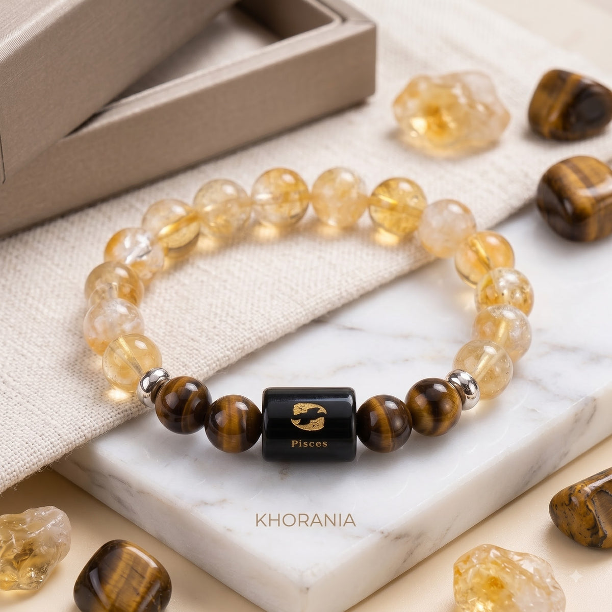 Pisces Zodiac Bracelet (मीन राशि) – Certified Citrine & Tiger Eye Healing Crystal