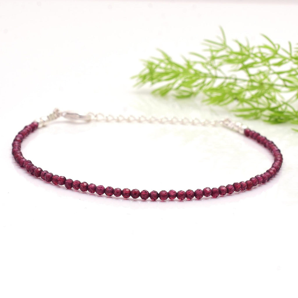 Garnet Beaded Anklet with Silver-Tone Adjustable Chain and Heart Charm