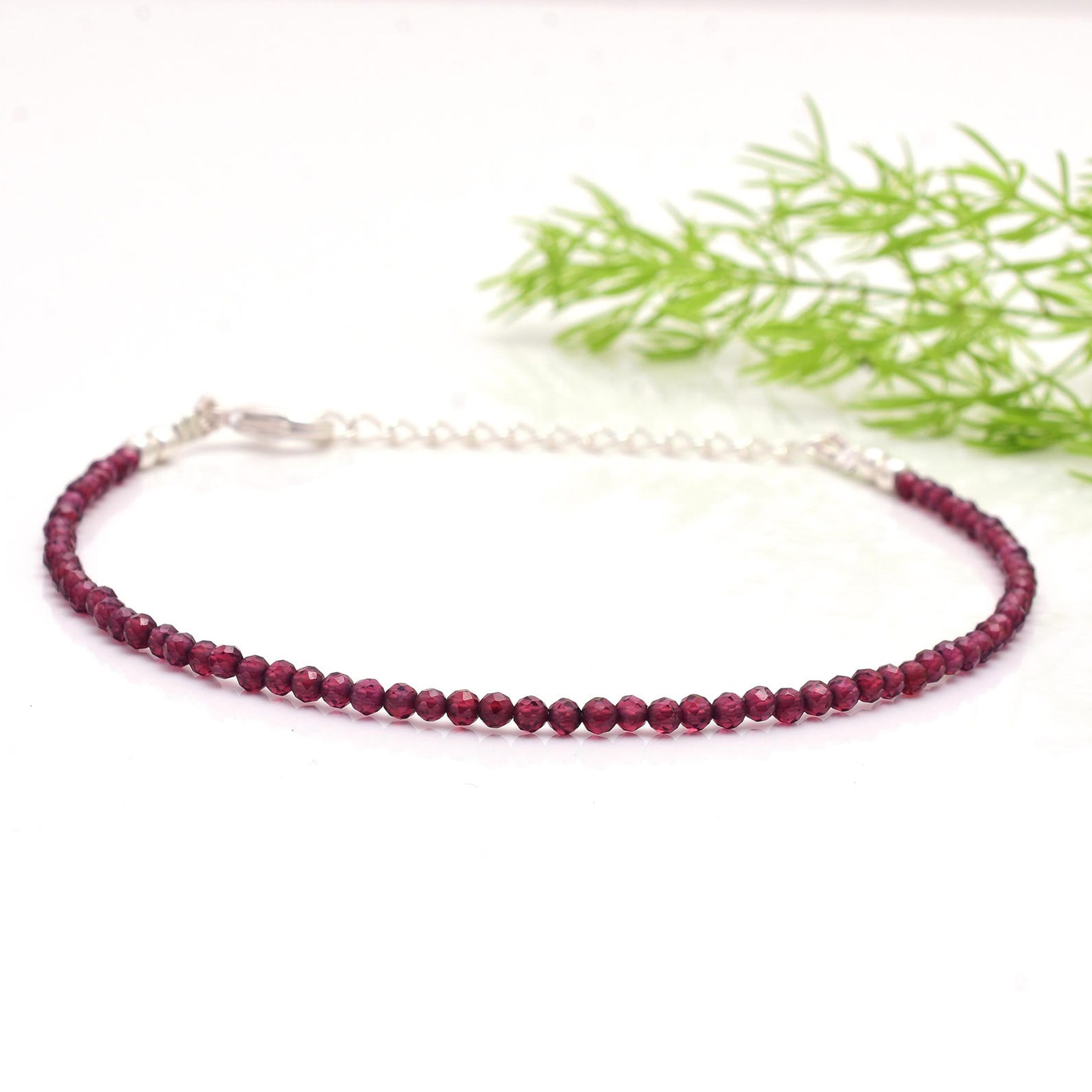 Garnet Beaded Anklet with Silver-Tone Adjustable Chain and Heart Charm