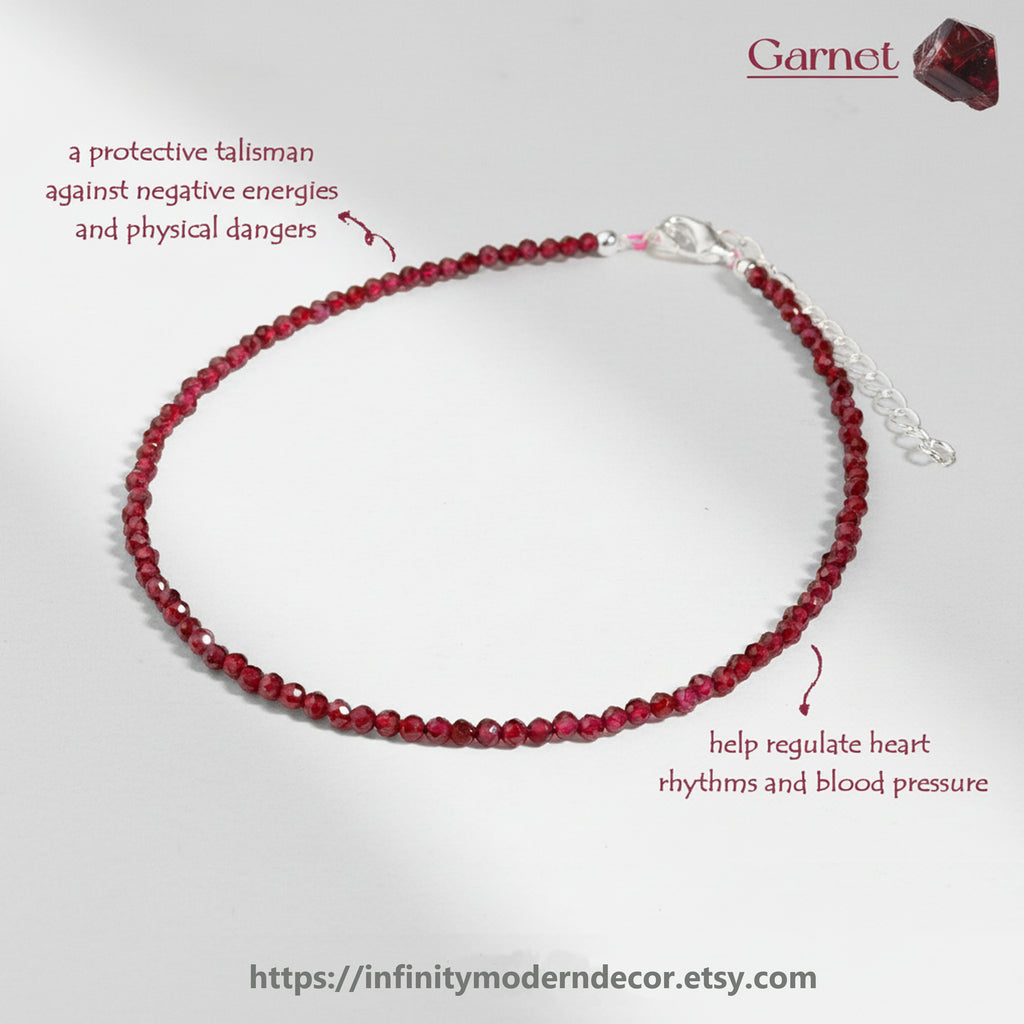 Garnet Beaded Anklet with Silver-Tone Adjustable Chain and Heart Charm