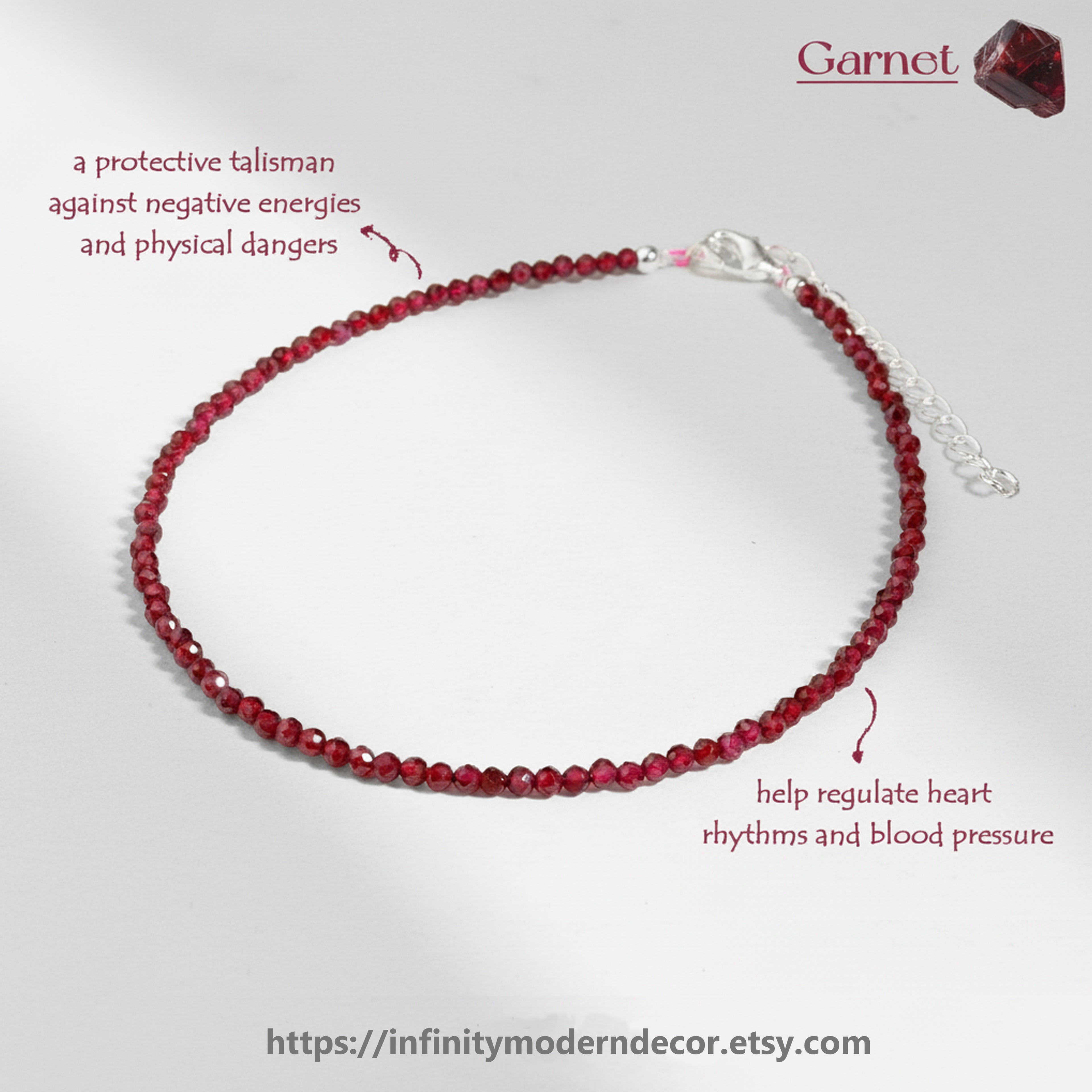 Garnet Beaded Anklet with Silver-Tone Adjustable Chain and Heart Charm