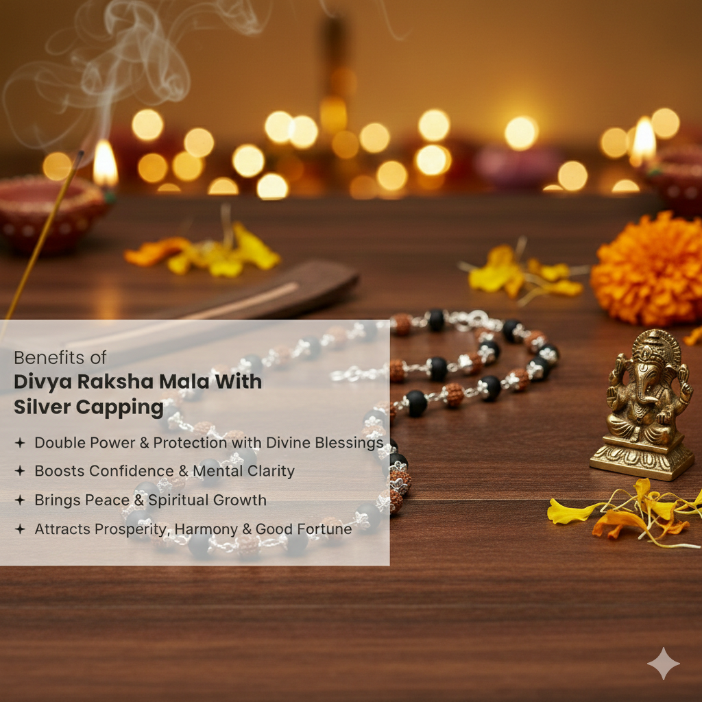 Rudraksha and Black Bead Spiritual Mala with Silver-Tone Caps