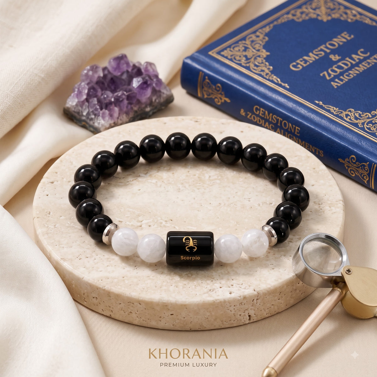 Scorpio Zodiac Bracelet (वृश्चिक राशि) – Certified Black Obsidian & Milky Quartz Healing Crystal