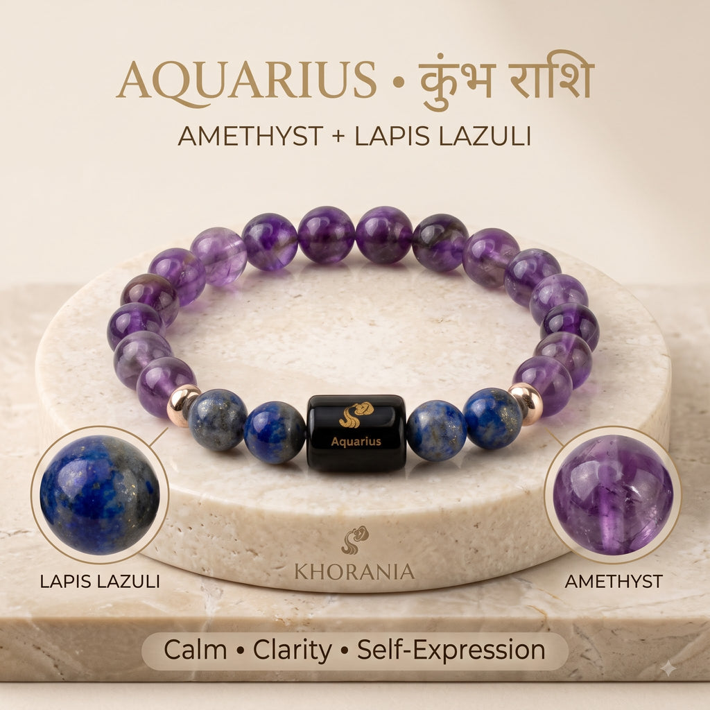 Aquarius Zodiac Bracelet (कुंभ राशि) – Certified Amethyst & Lapis Lazuli Healing Crystal
