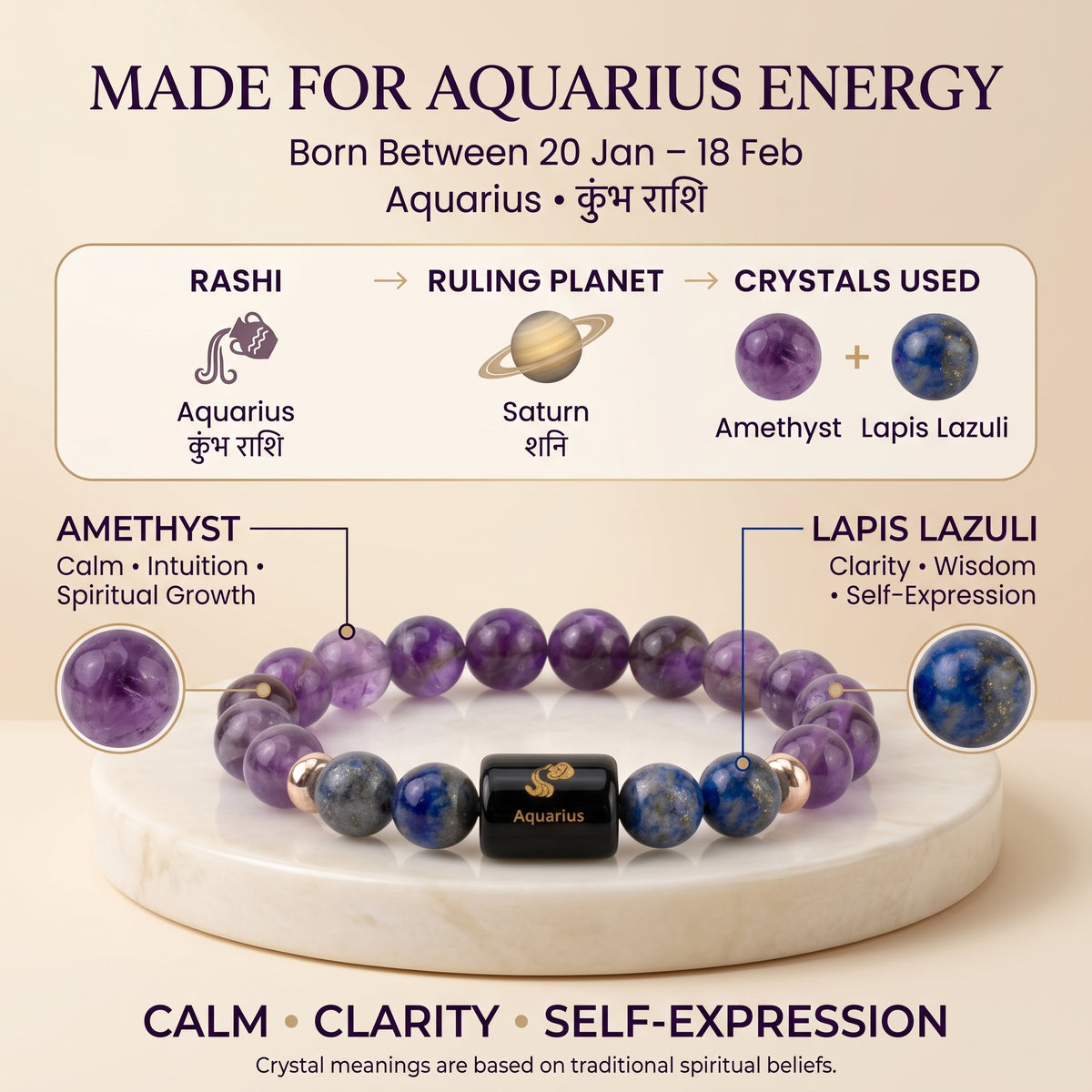 Aquarius Zodiac Bracelet (कुंभ राशि) – Certified Amethyst & Lapis Lazuli Healing Crystal