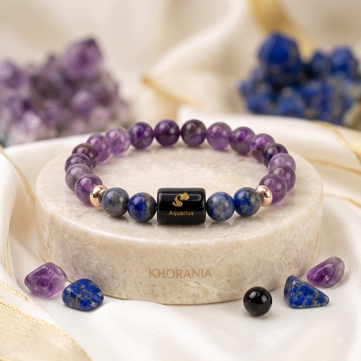 Aquarius Zodiac Bracelet (कुंभ राशि) – Certified Amethyst & Lapis Lazuli Healing Crystal