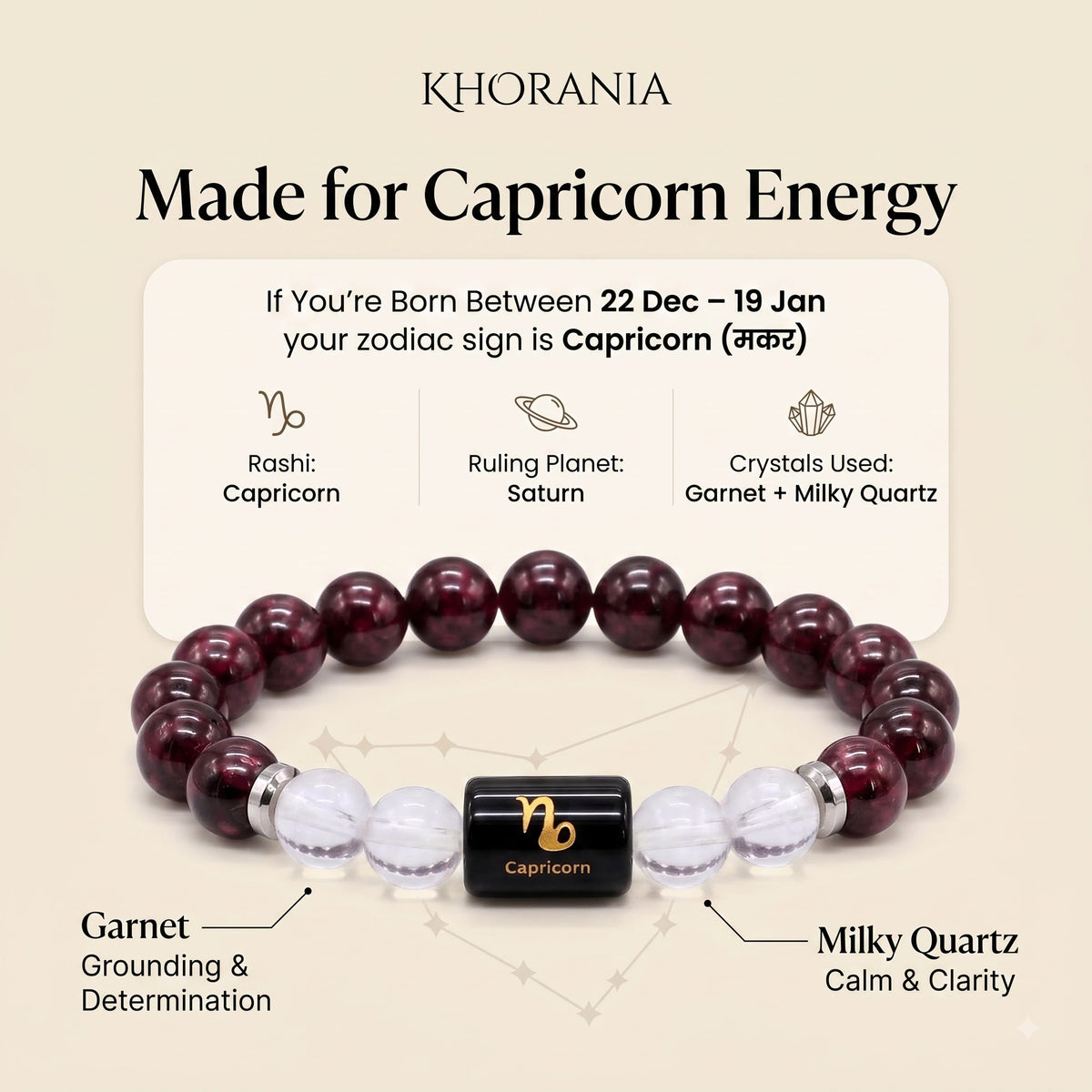 Garnet and Milky Quartz Bracelet for Capricorn (मकर राशि) Zodiac