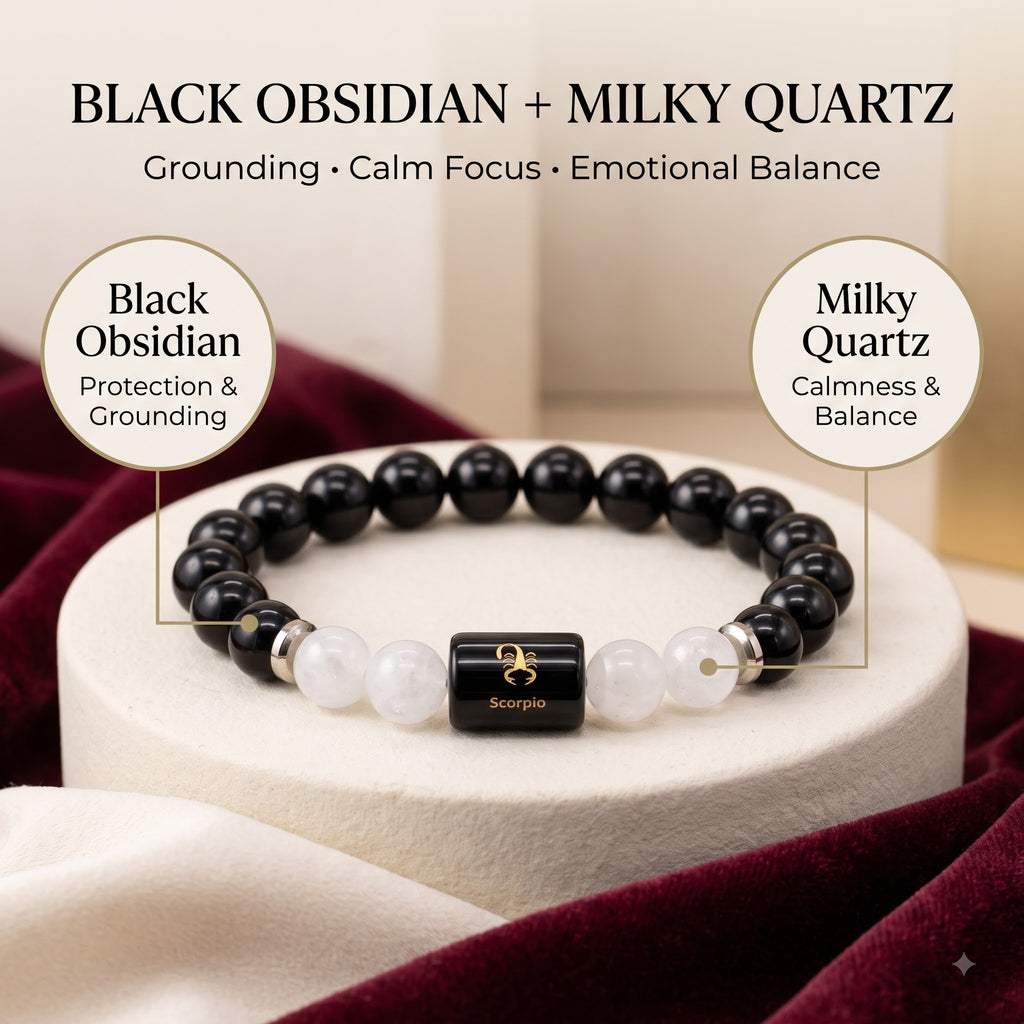 Scorpio Zodiac Bracelet (वृश्चिक राशि) – Certified Black Obsidian & Milky Quartz Healing Crystal