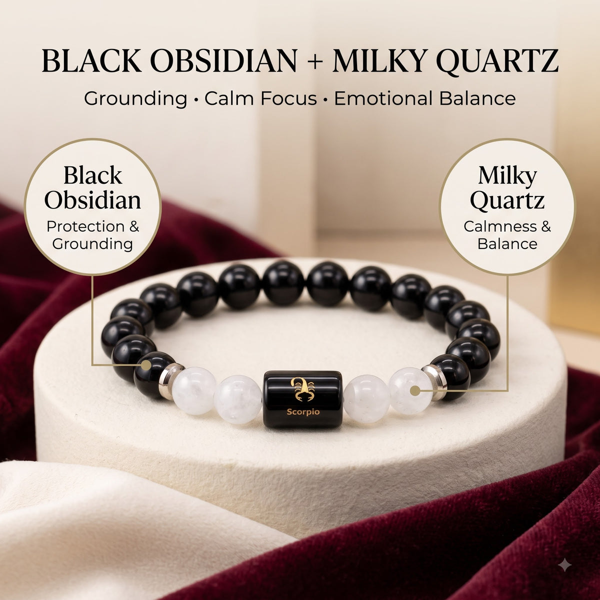 Scorpio Zodiac Bracelet (वृश्चिक राशि) – Certified Black Obsidian & Milky Quartz Healing Crystal