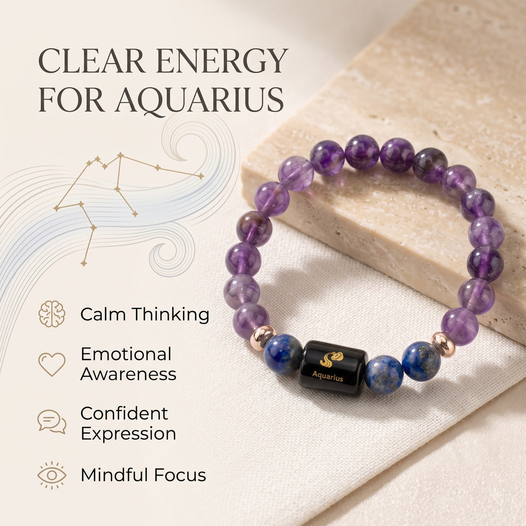 Aquarius Zodiac Bracelet (कुंभ राशि) – Certified Amethyst & Lapis Lazuli Healing Crystal