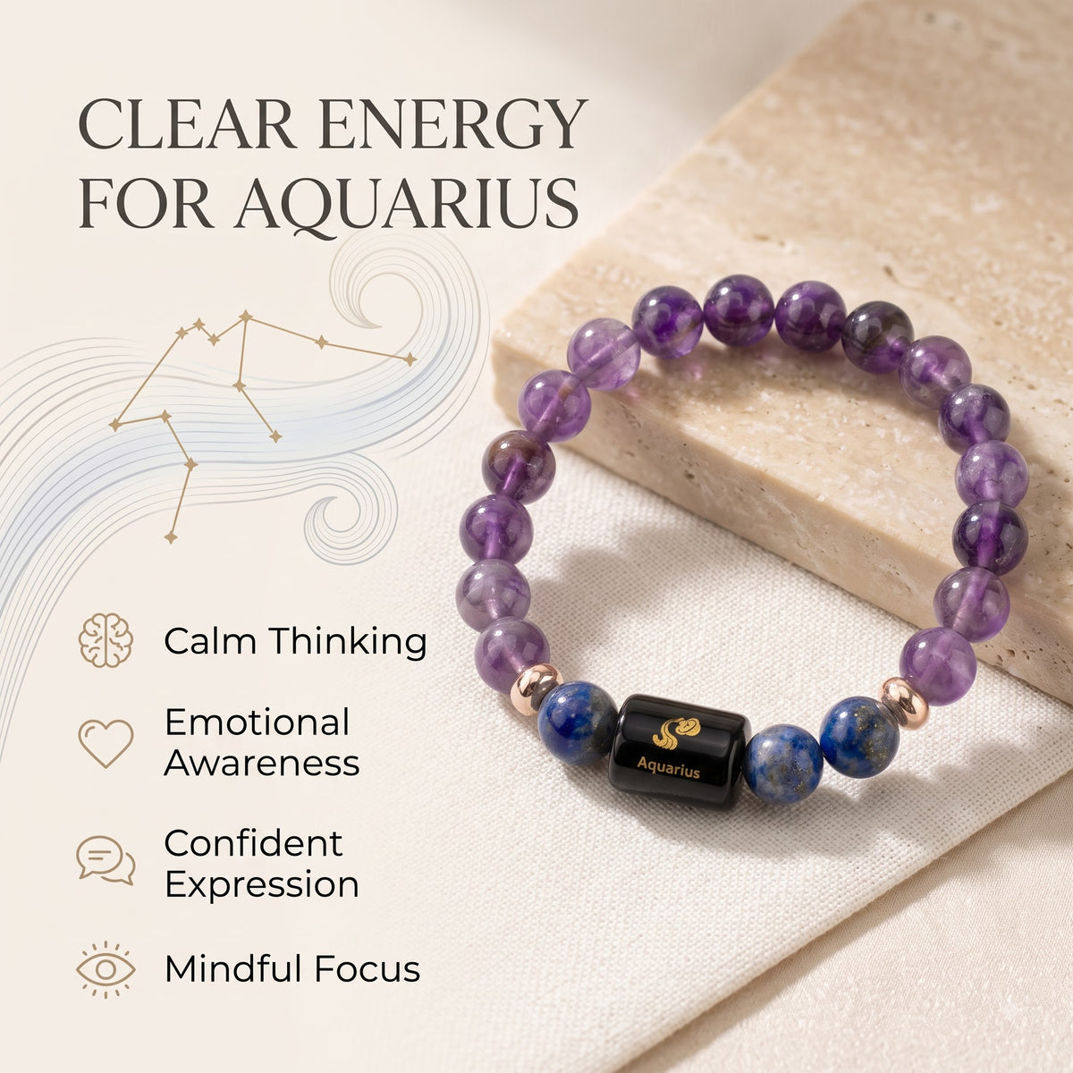 Aquarius Zodiac Bracelet (कुंभ राशि) – Certified Amethyst & Lapis Lazuli Healing Crystal