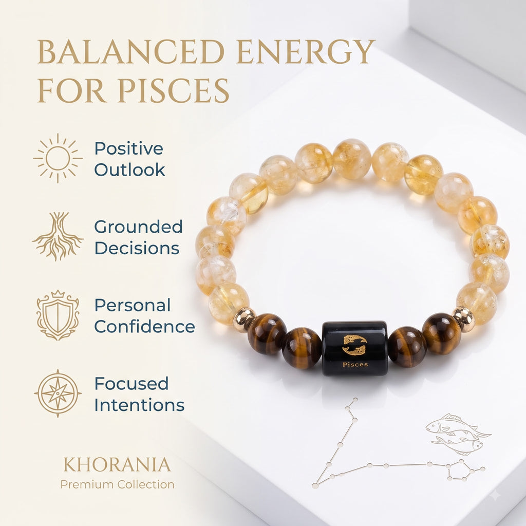 Pisces Zodiac Bracelet (मीन राशि) – Certified Citrine & Tiger Eye Healing Crystal