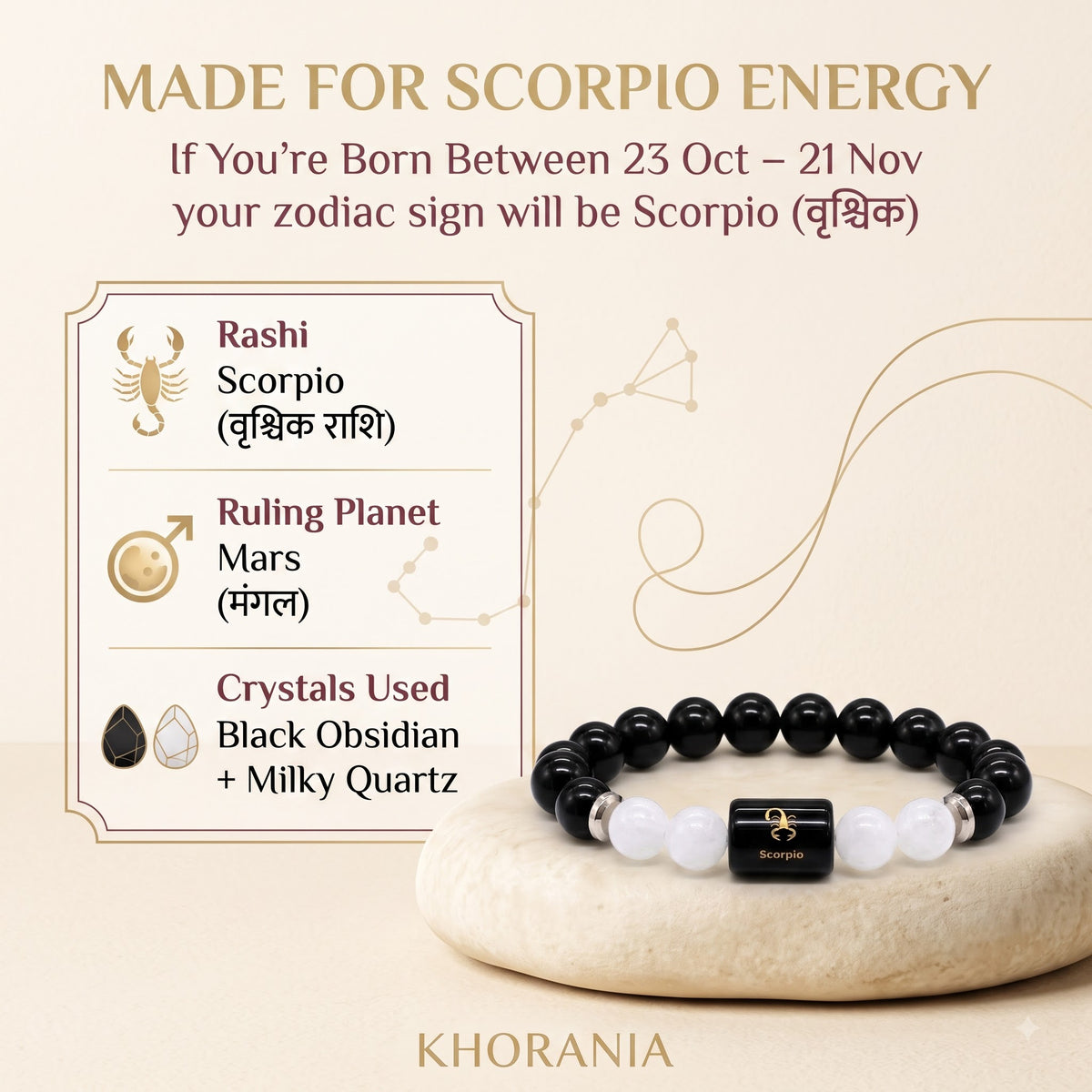 Scorpio Zodiac Bracelet (वृश्चिक राशि) – Certified Black Obsidian & Milky Quartz Healing Crystal