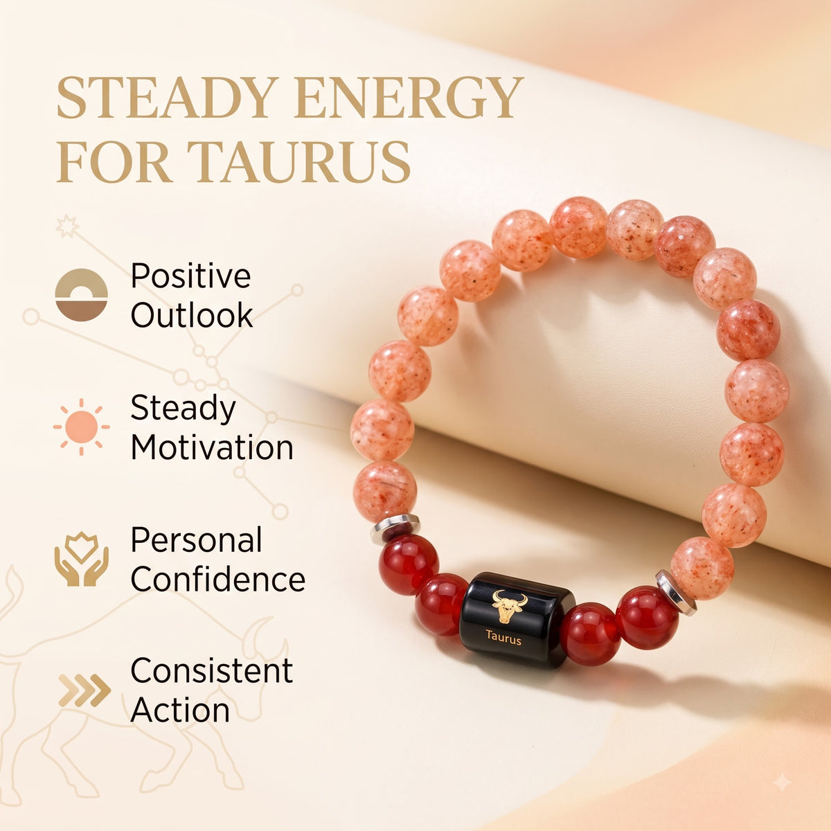 Taurus Zodiac Bracelet (वृषभ राशि) – Sunstone & Carnelian Healing Crystal