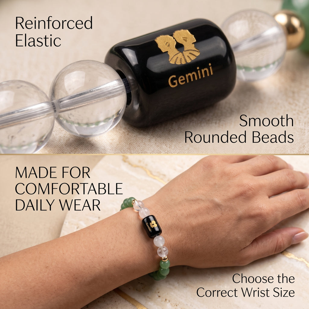 Gemini Zodiac Bracelet (मिथुन राशि) – Green Aventurine & Milky Quartz Healing Crystal