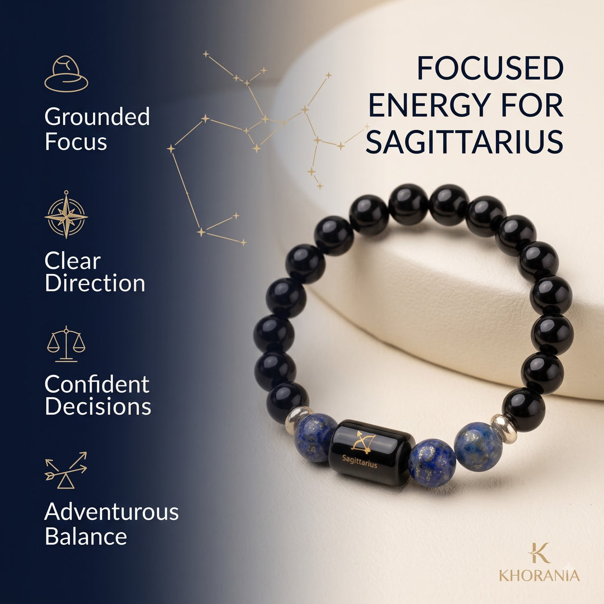 Sagittarius Zodiac Bracelet (धनु राशि) – Certified Black Obsidian & Lapis Lazuli Healing Crystal