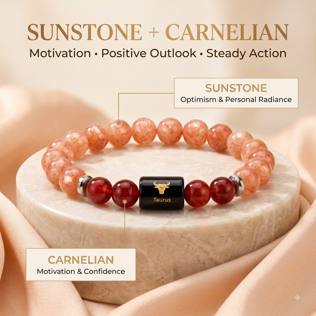 Taurus Zodiac Bracelet (वृषभ राशि) – Sunstone & Carnelian Healing Crystal