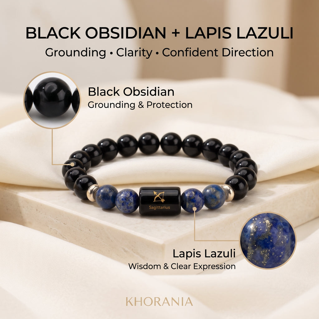 Sagittarius Zodiac Bracelet (धनु राशि) – Certified Black Obsidian & Lapis Lazuli Healing Crystal