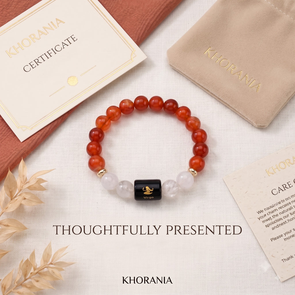 Virgo Zodiac Bracelet (कन्या राशि) – Certified Carnelian & Milky Quartz Healing Crystal